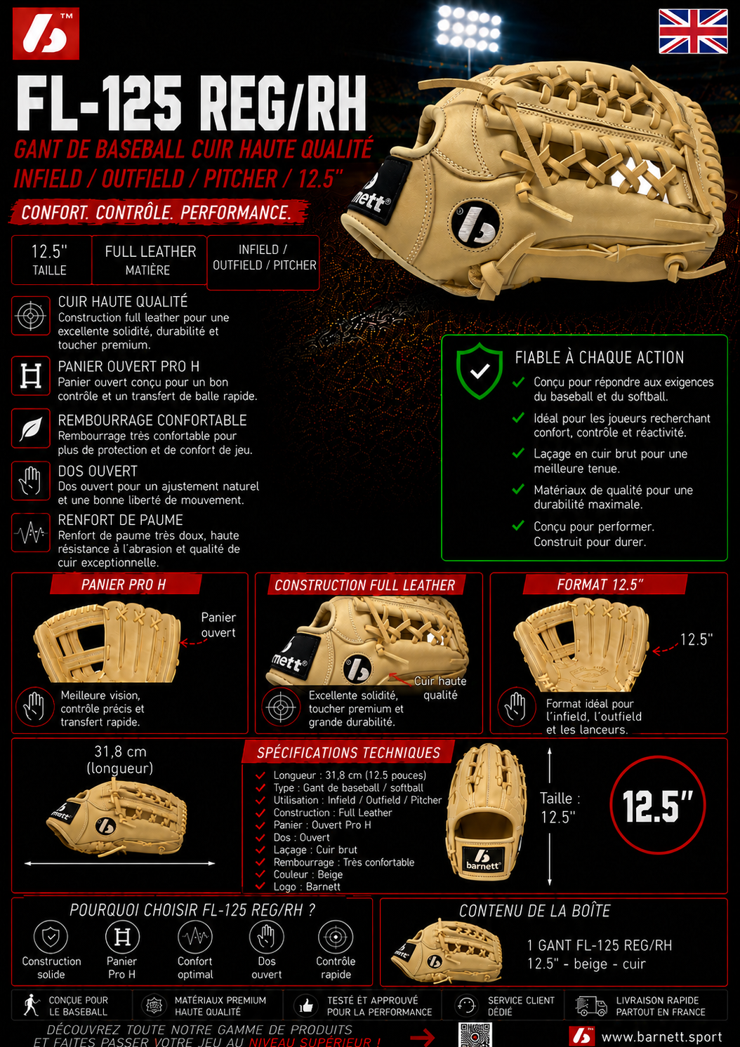 FL-125 High quality leather baseball glove, infield / outfield / pitcher, Beige