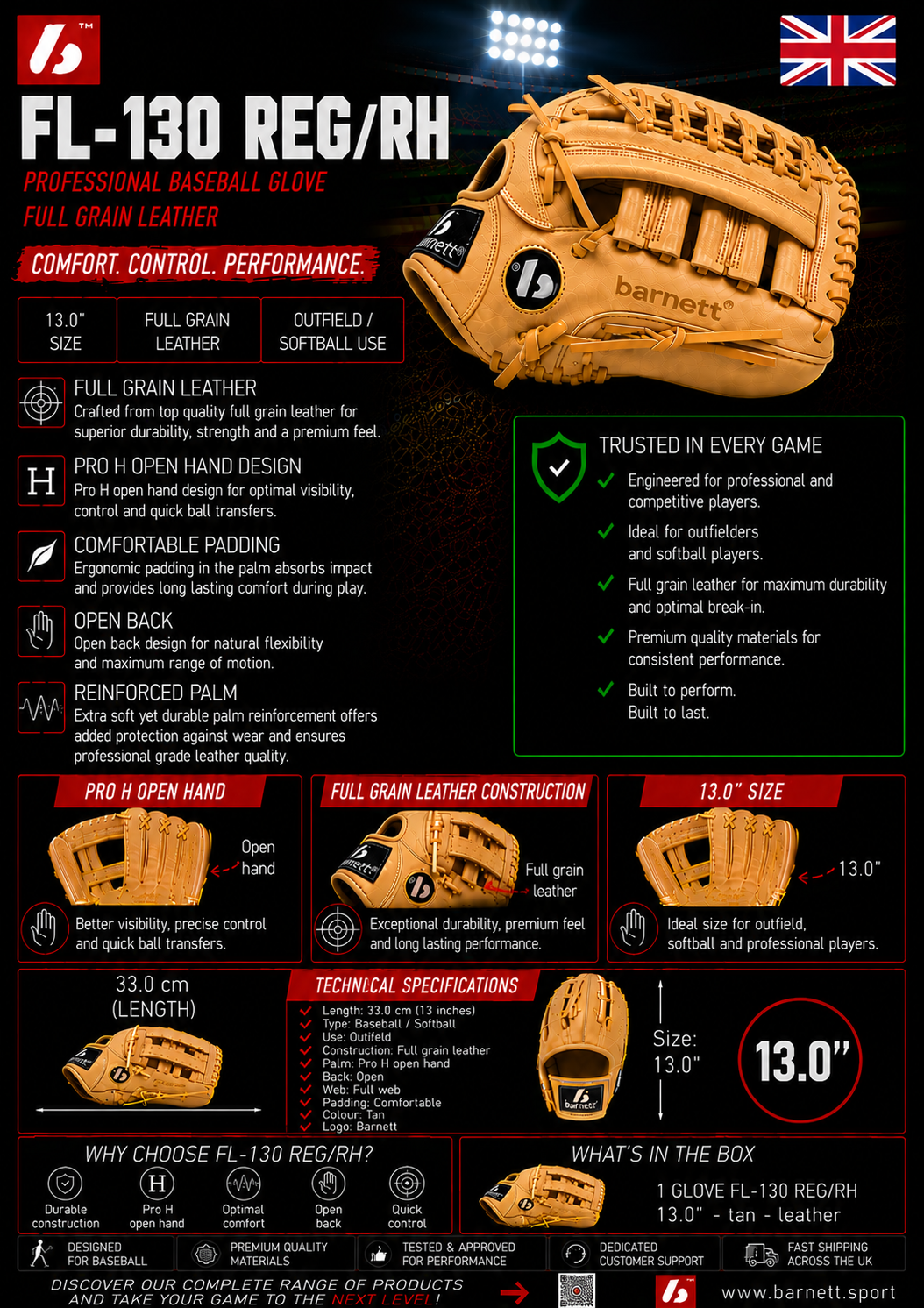 FL-130 professional baseball glove, full grain leather, outfield, softball, 13'', Light grey