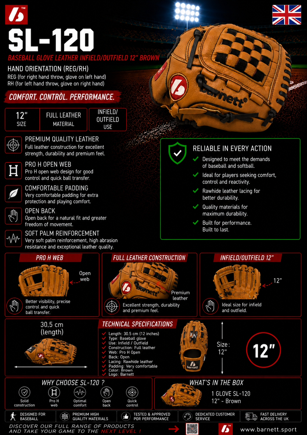 JL-120-baseball glove, outfiled, REG size 12" brown TAN