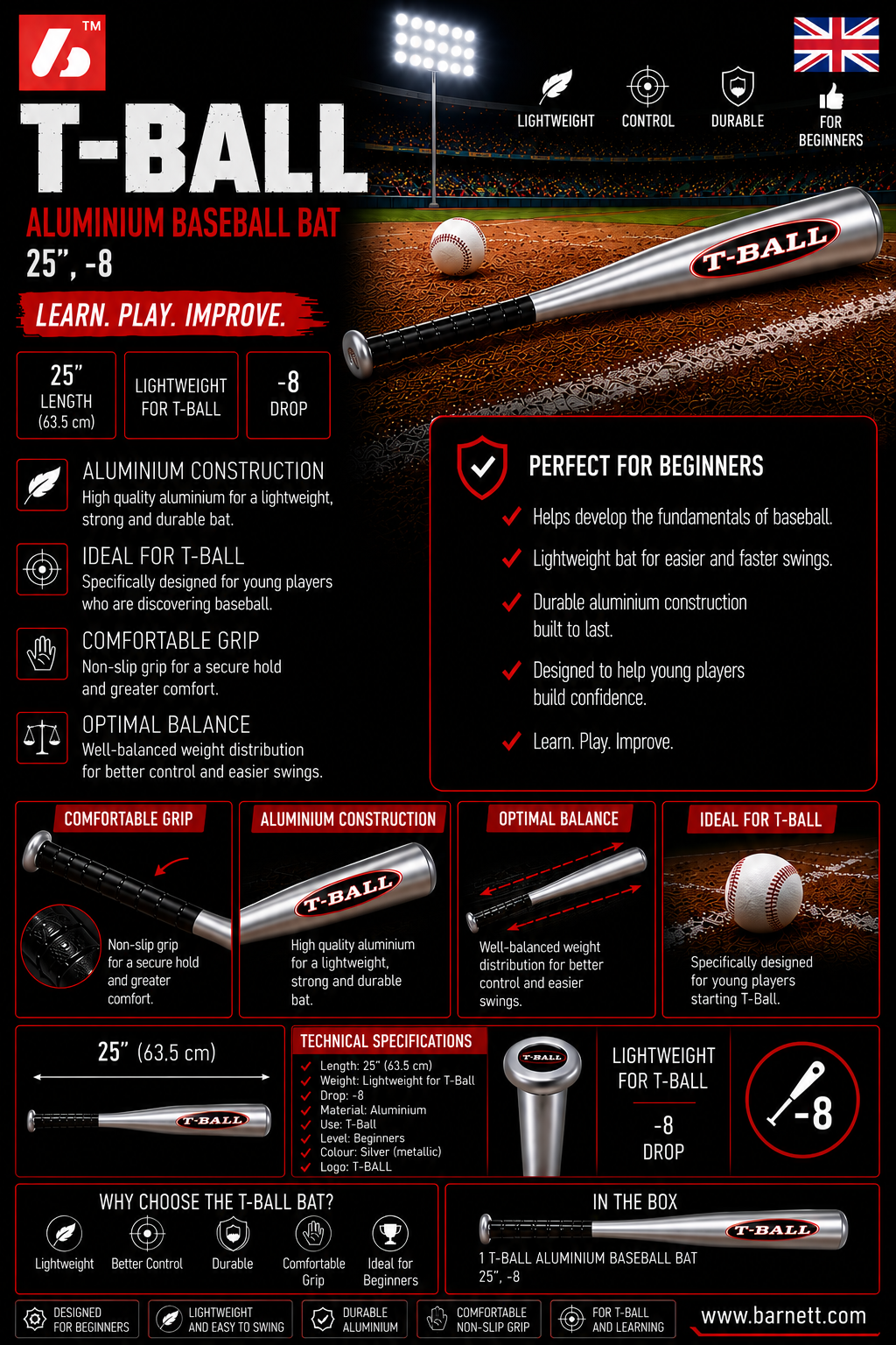 T-BALL Aluminum baseball bat, Size 25 (71,12 cm), Silver metal