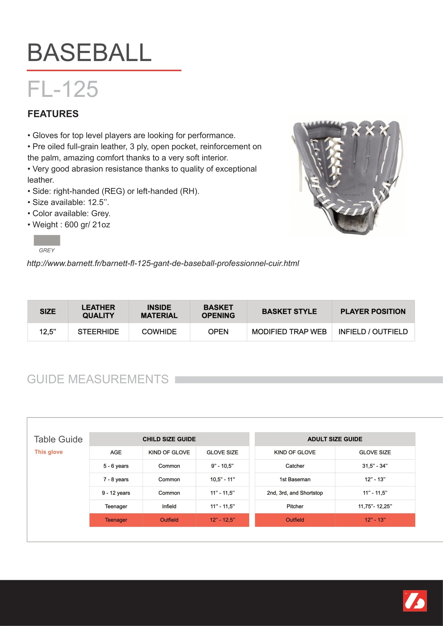 FL-125 high quality leather baseball glove, infield / outfield / pitcher, light grey