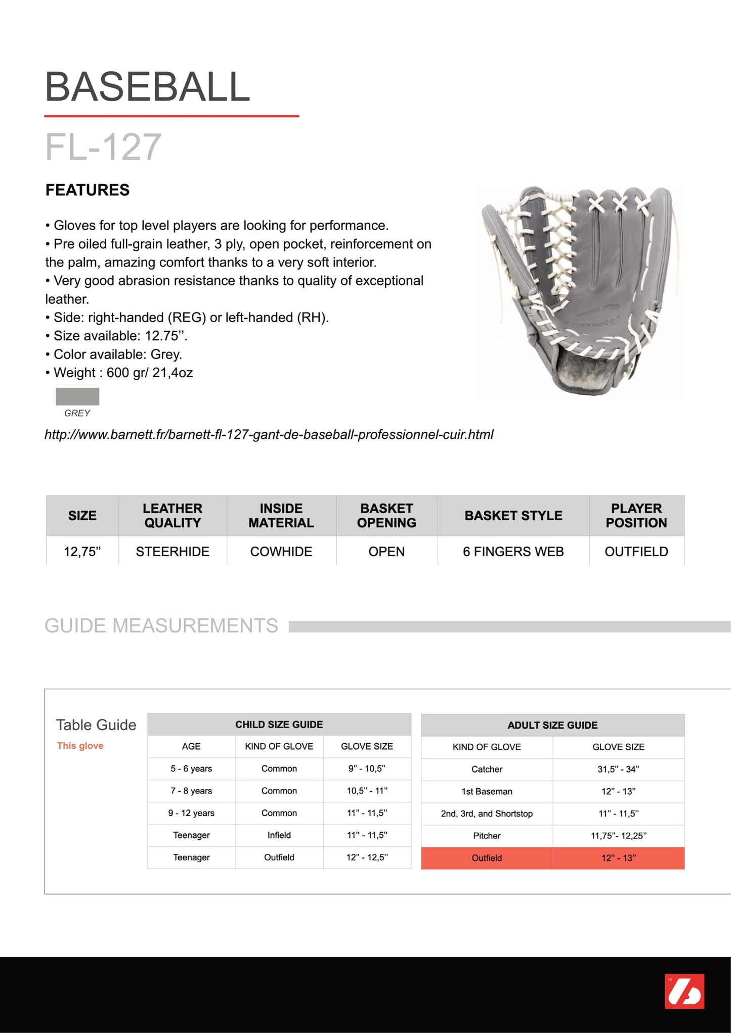FL-127 high quality leather baseball glove, infield / outfield / pitcher, light grey
