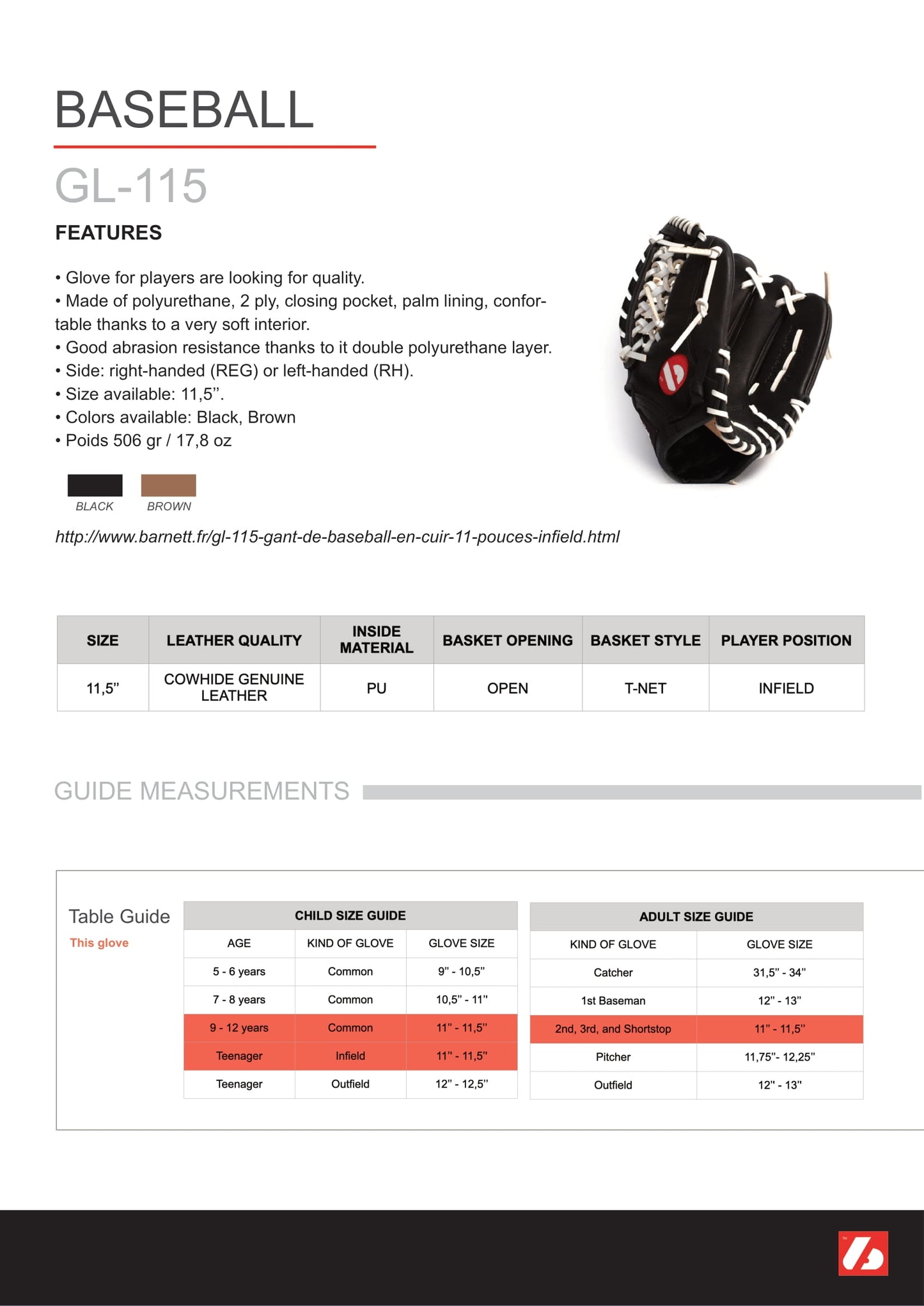 GL-115 Competition infield baseball Glove 11.5, black