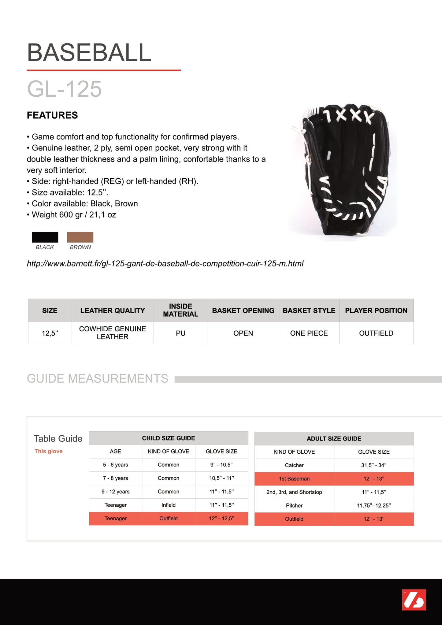 GL-125 Competition baseball glove, genuine leather, outfield 12.5, Black