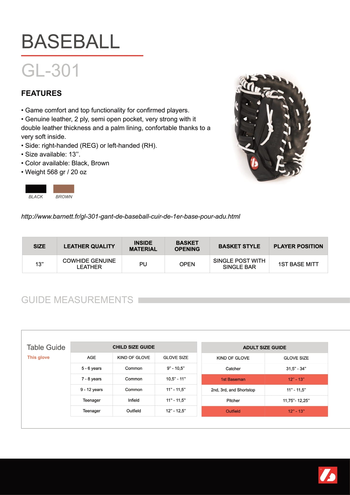 GL-301 Competition first base baseball glove, genuine leather, size 31, Black