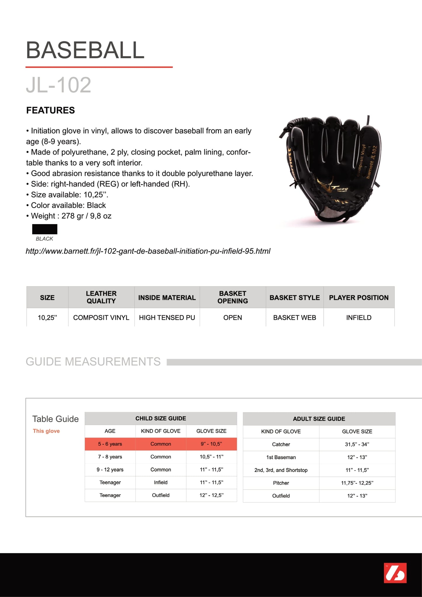 JL-102 Composite baseball glove, Infield, Size 10,25, Black