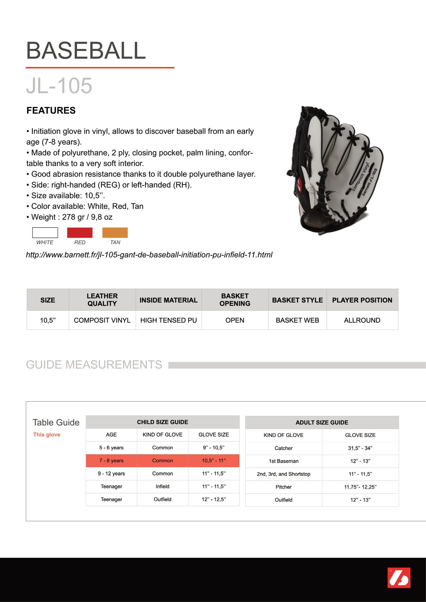 JL-105-baseball glove, outfiled, REG size 10.5" brown