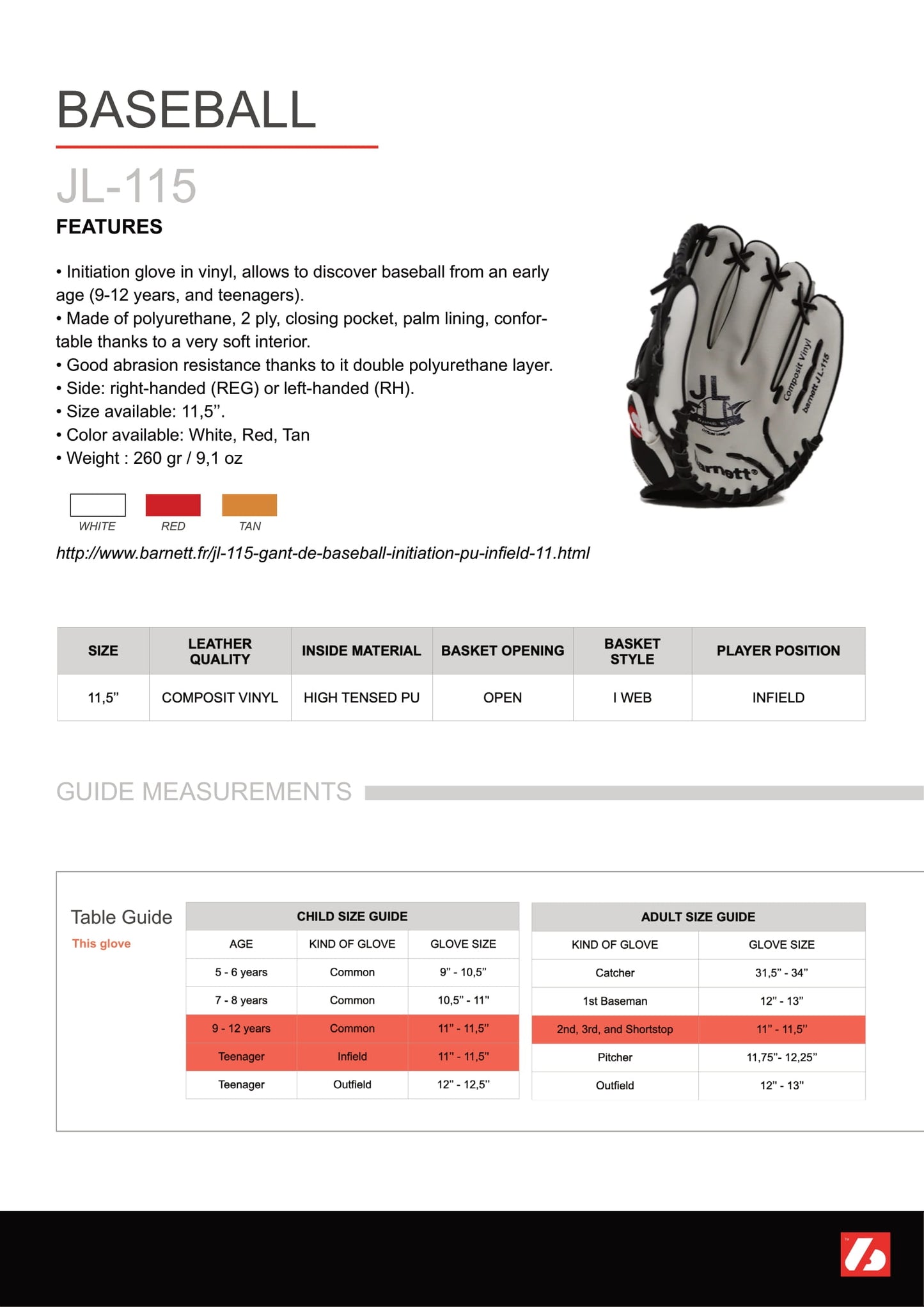 JL-115 – baseball gloves, outfiled, 11,5", RED
