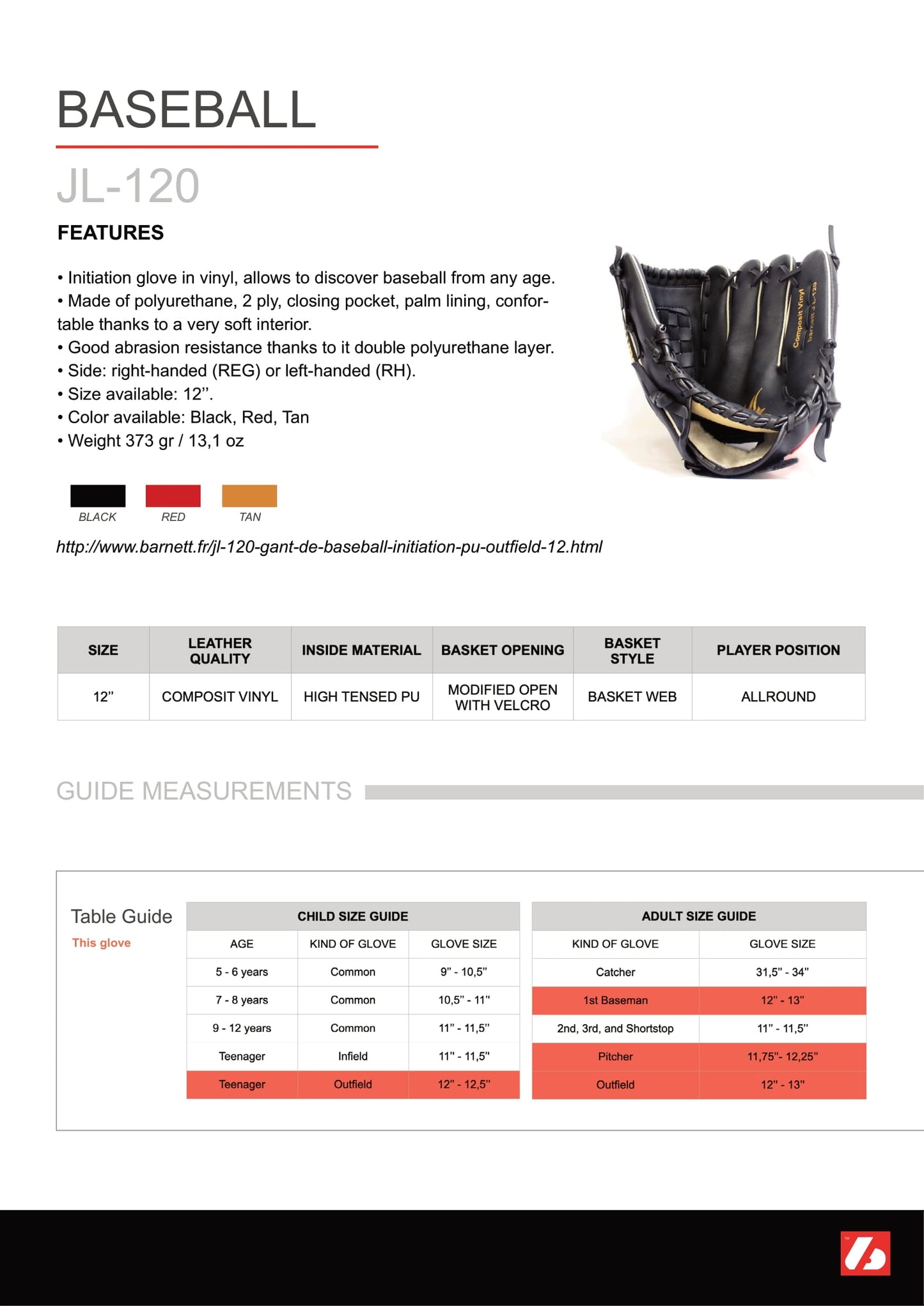 JL-120 Vinyl baseball glove, Outfield, size 12, Black