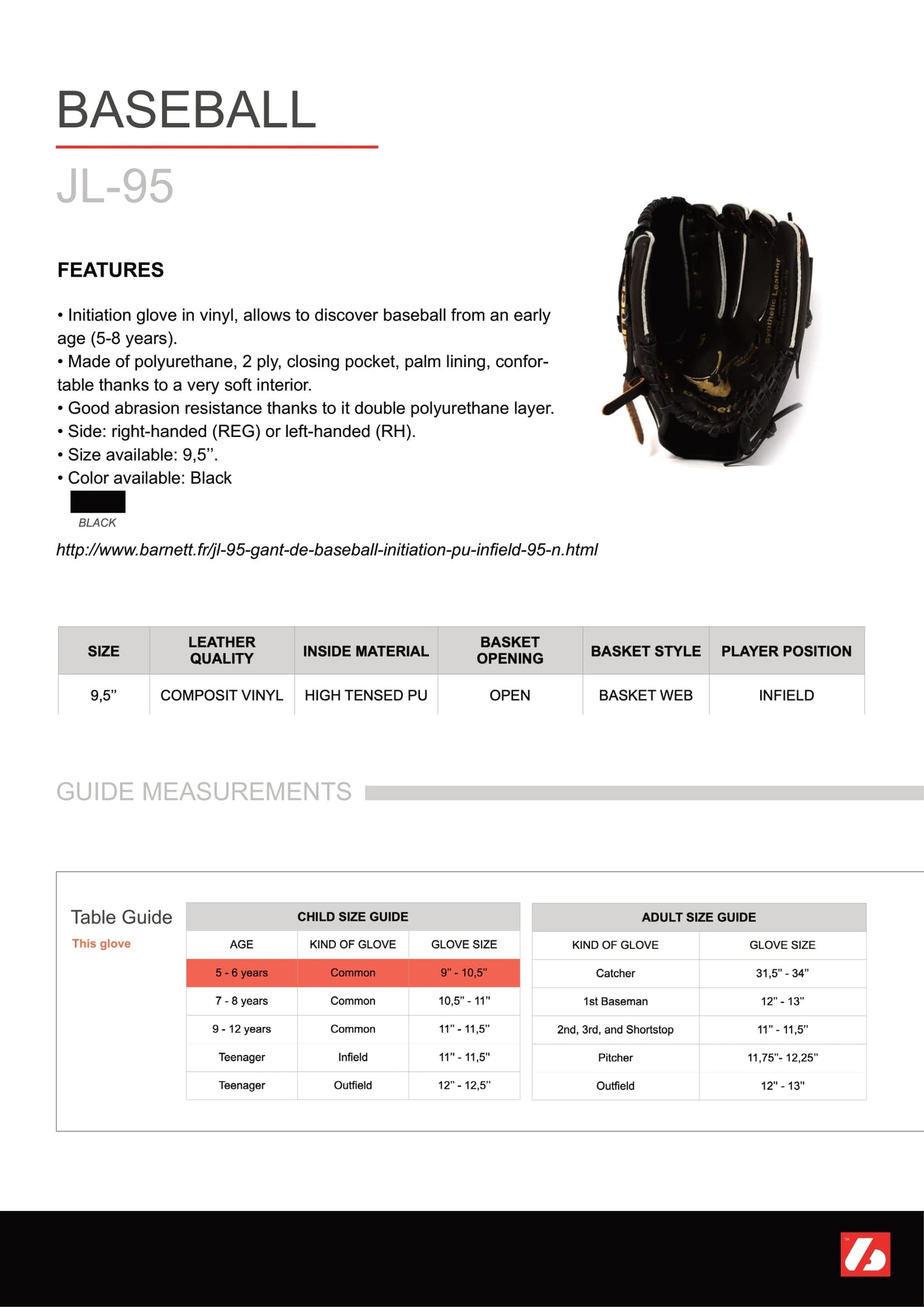 JL-95 Composite baseball glove, Infield, size 9.5, Black