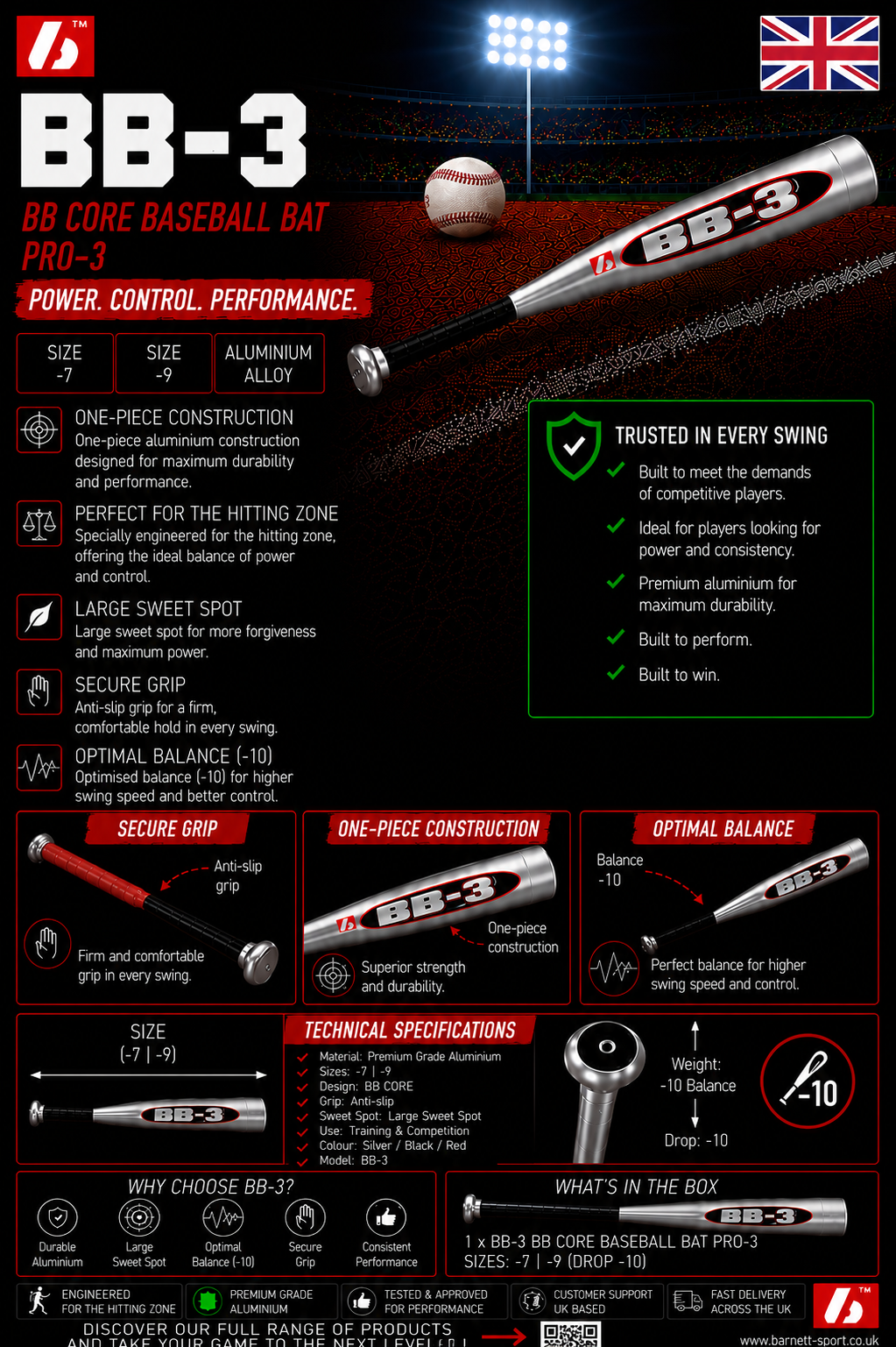 BB-3 BB CORE Baseball bat in aluminium, Pro, Black