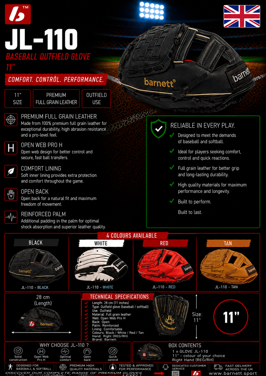 JL-110 – baseball gloves, outfiled, 11", WHITE