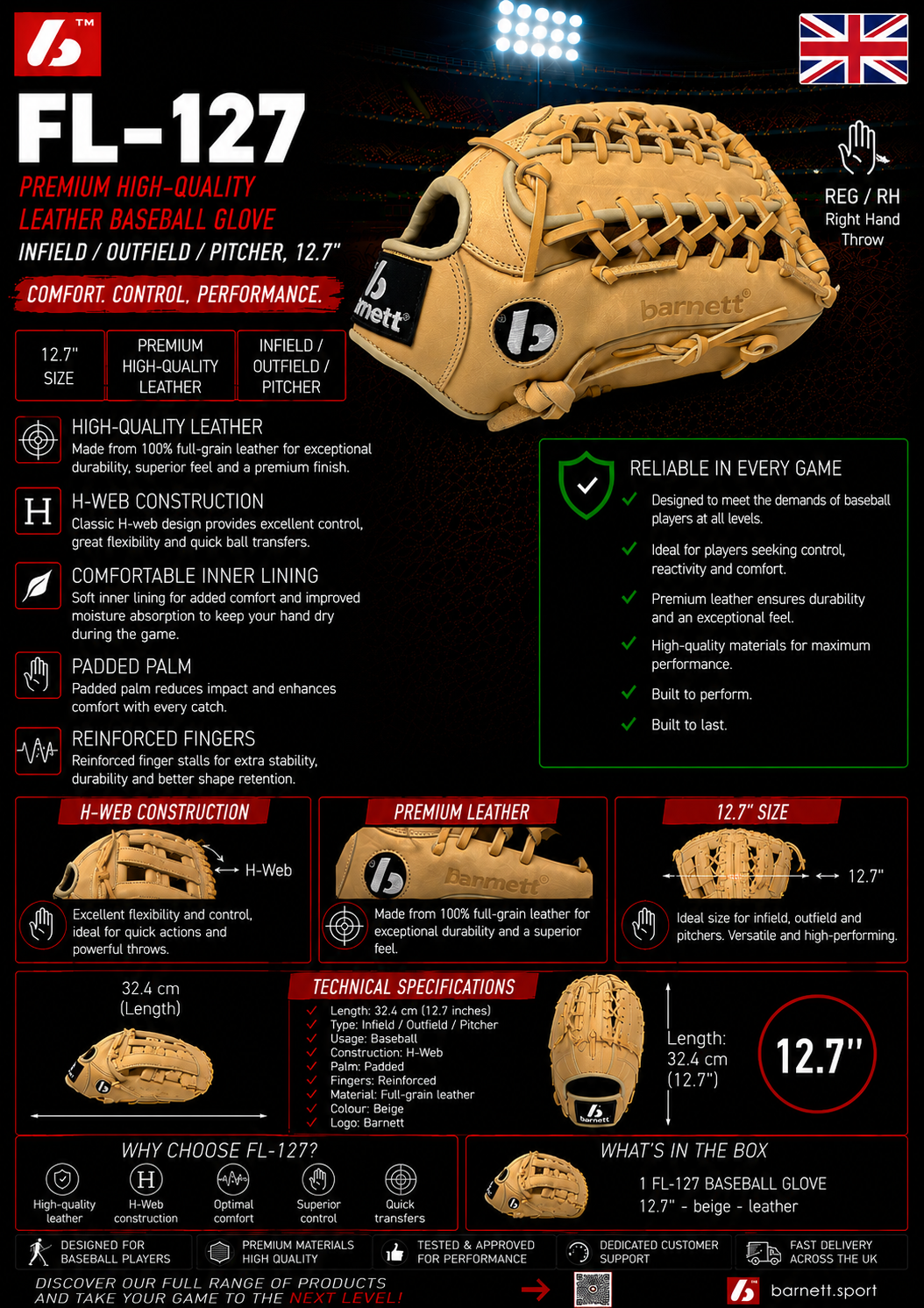 FL-127 High quality leather baseball glove, infield / outfield / pitcher, Beige