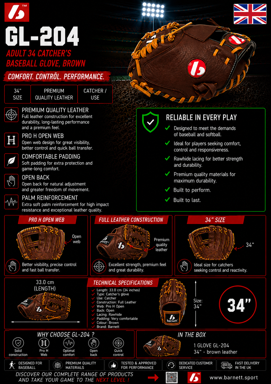 GL-204 Brown Adult Catcher Baseball Glove, Leather, 34
