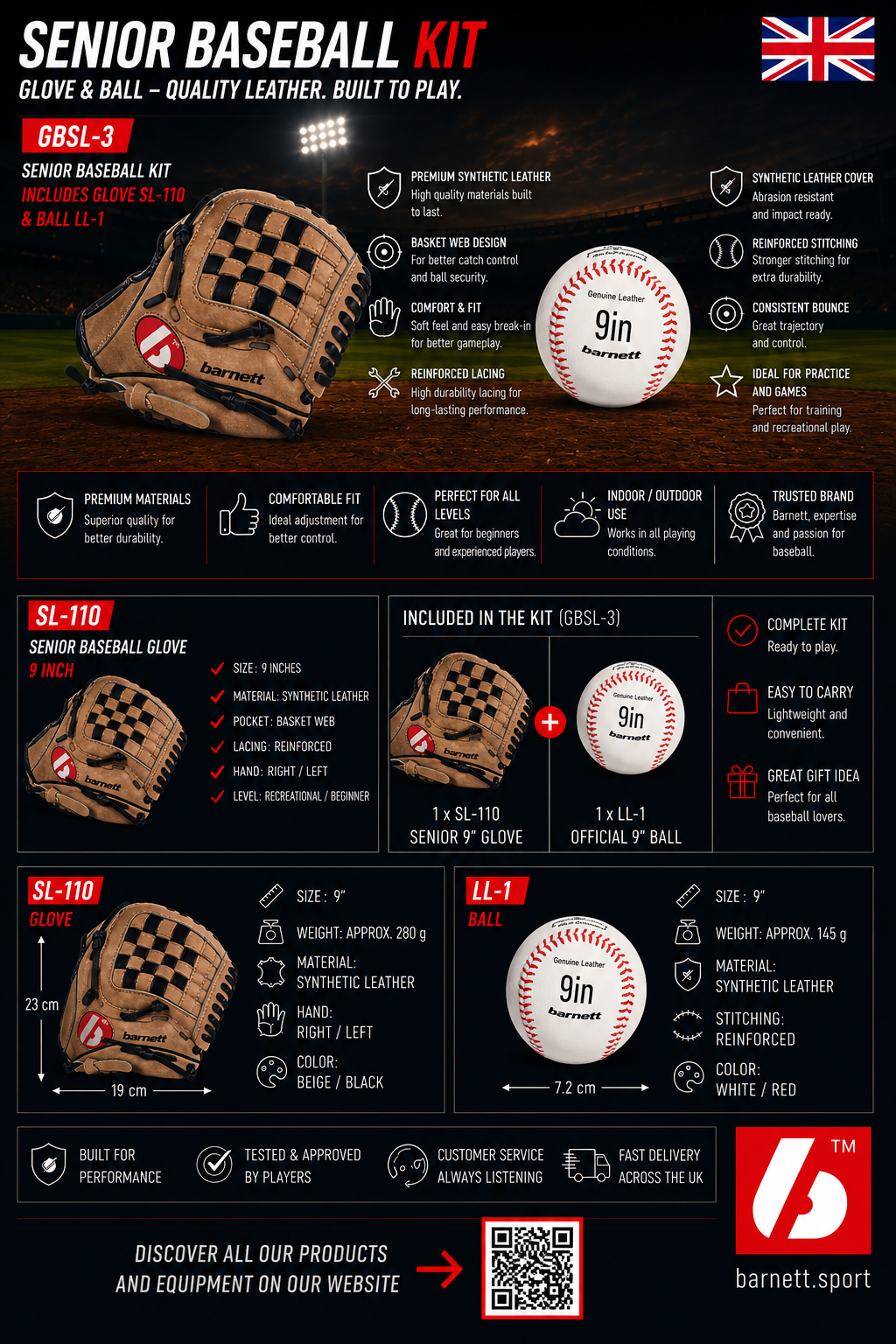 GBSL-3 Baseball set, Leather 11" Glove & ball (SL-110, LL-1)