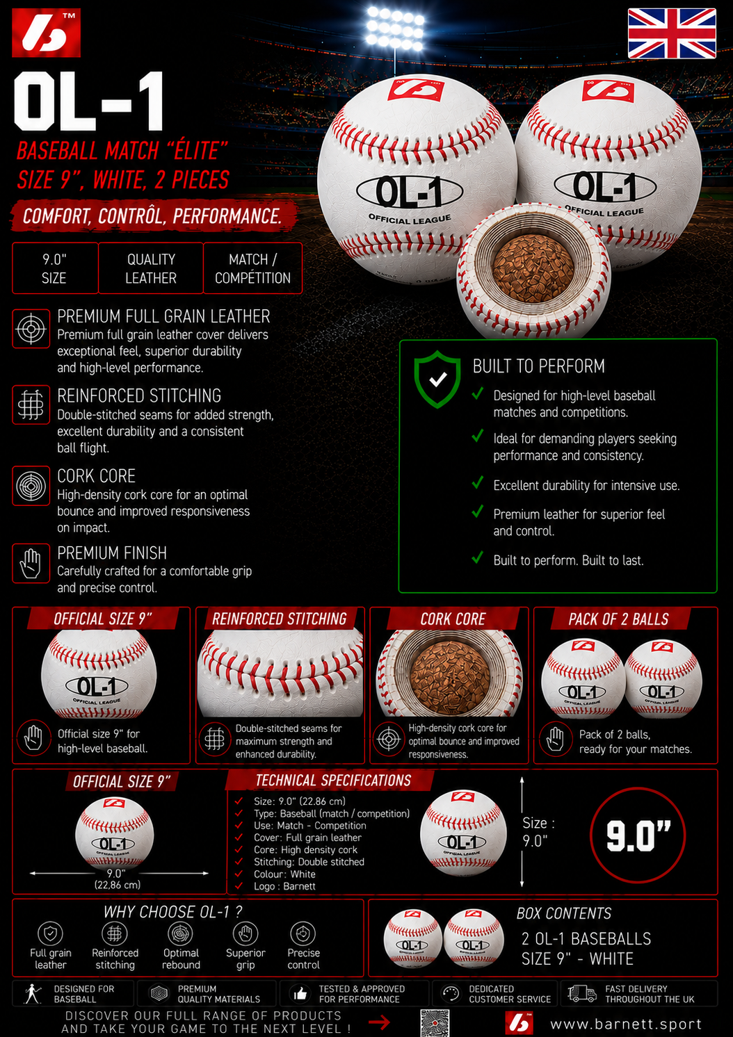 OL-1 Competition baseballs, Size 9" White, 2 pieces