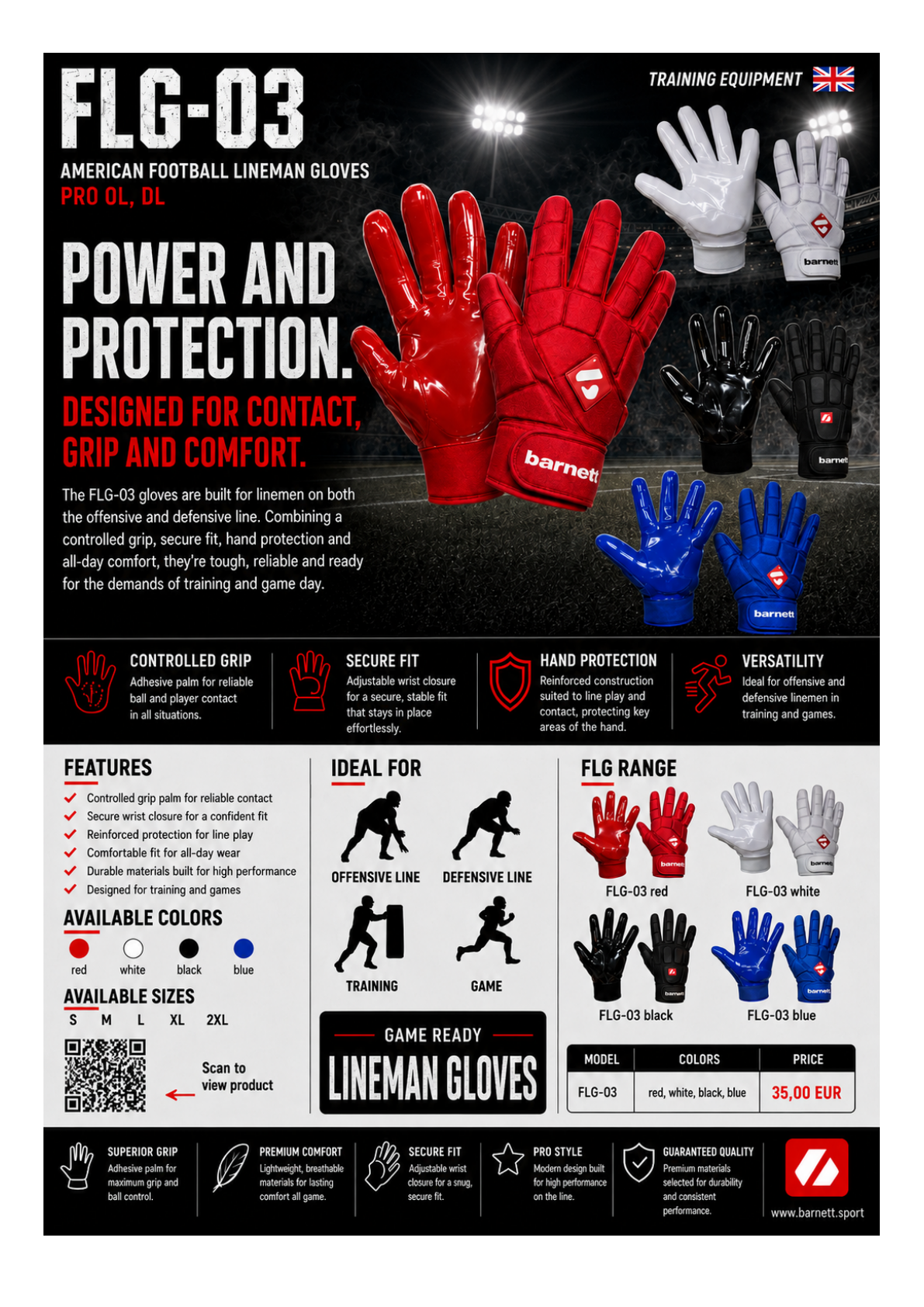 FLG-03 Red Professional Linemen Football Gloves, OL, DL