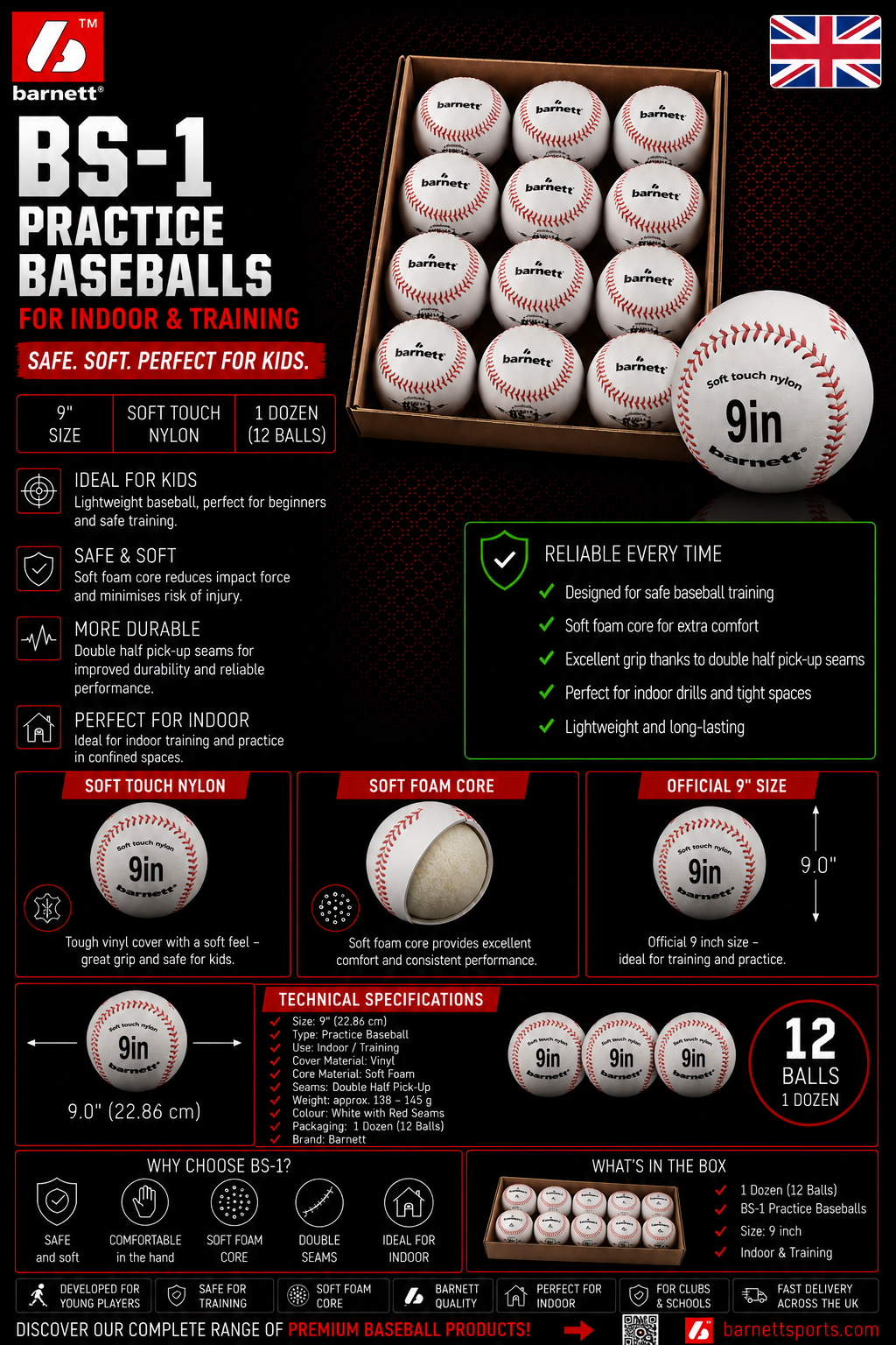BS-1 Baseball balls, Size 9 '', White, 2 pieces