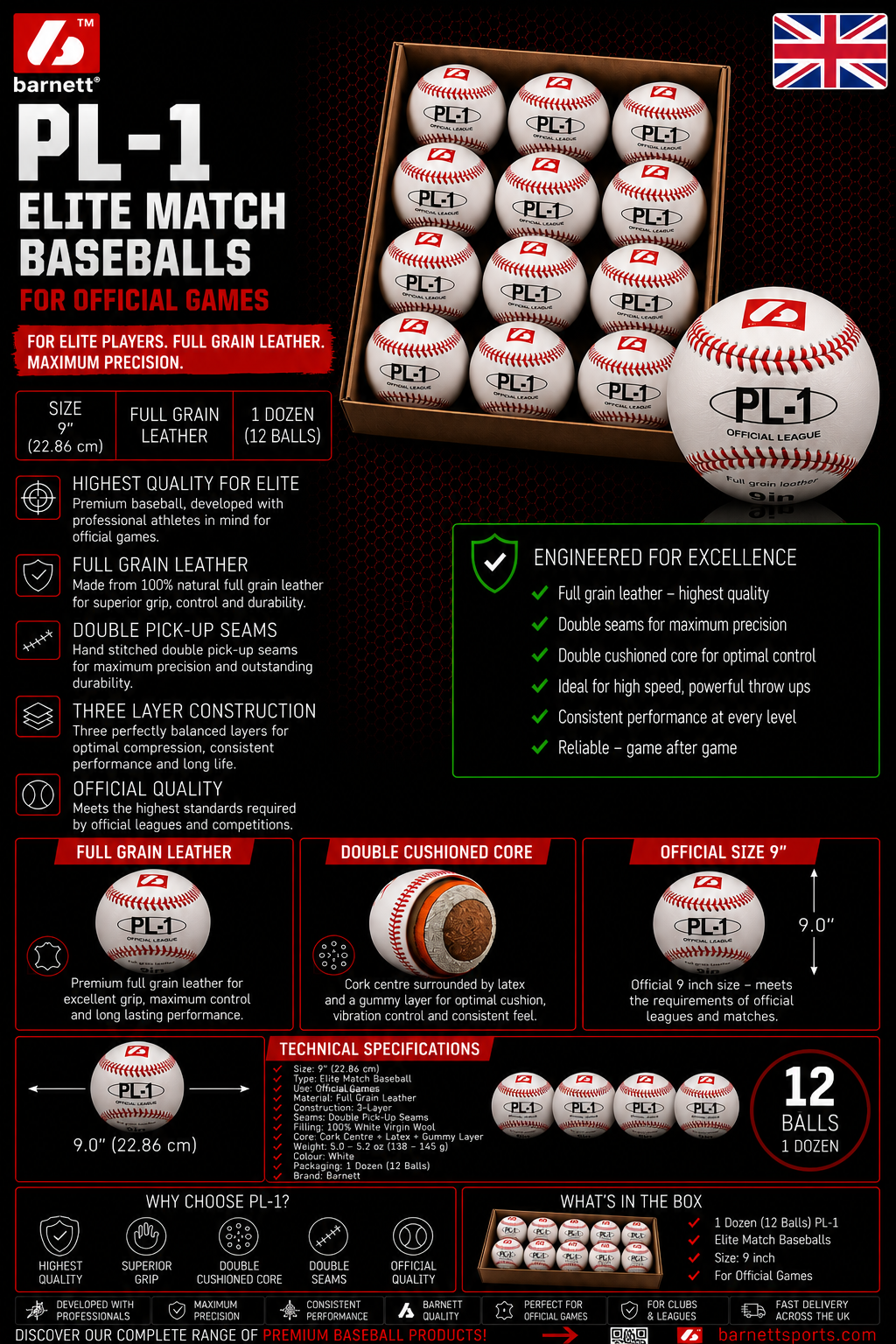 PL-1 Elite match baseballs, Size 9" White, 2 pieces