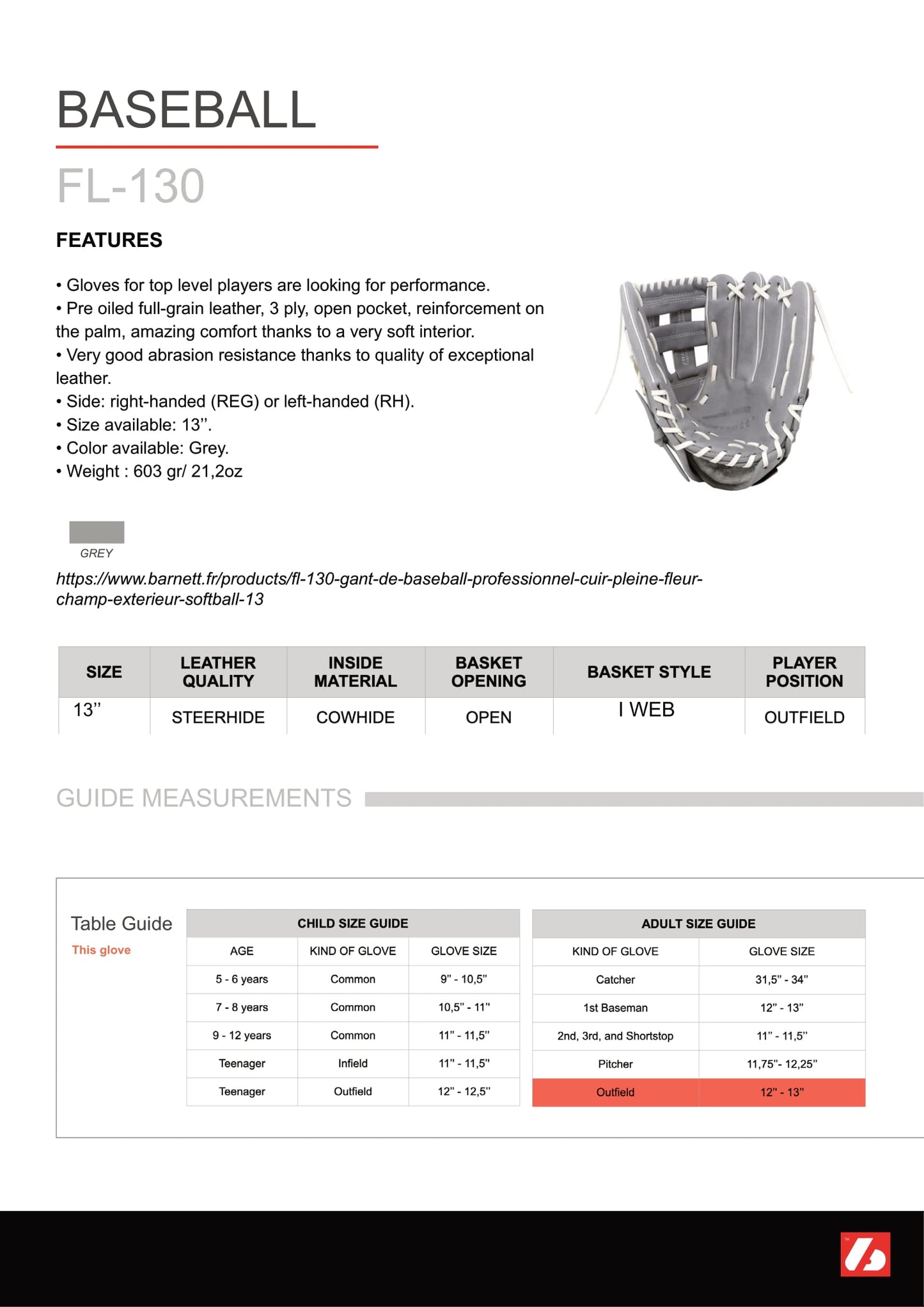 FL-130 professional baseball glove, full grain leather, outfield, softball, 13'', Light grey