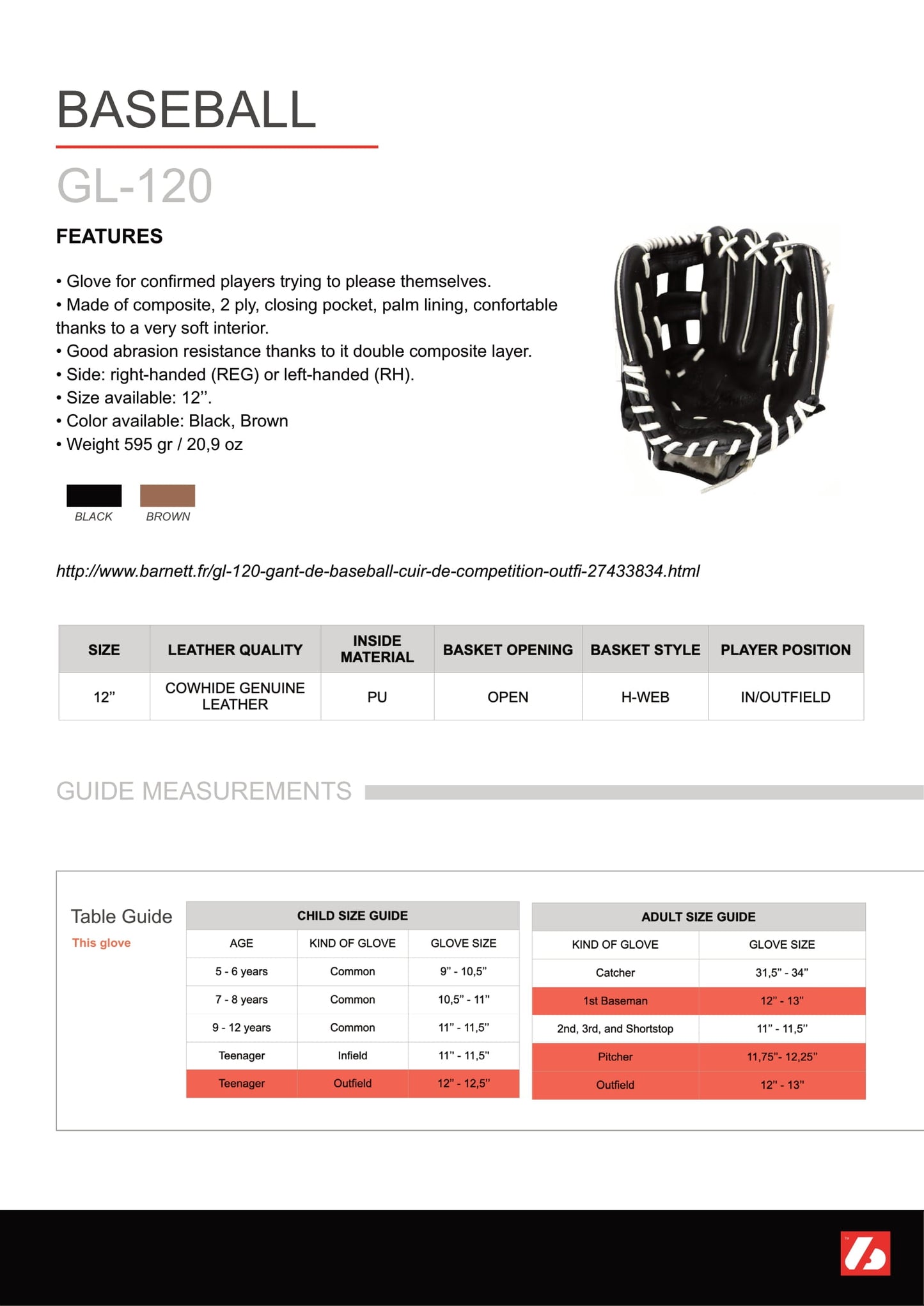 GL-120 Gant de baseball de compétition, cuir véritable, champ extérieur 12 Noir