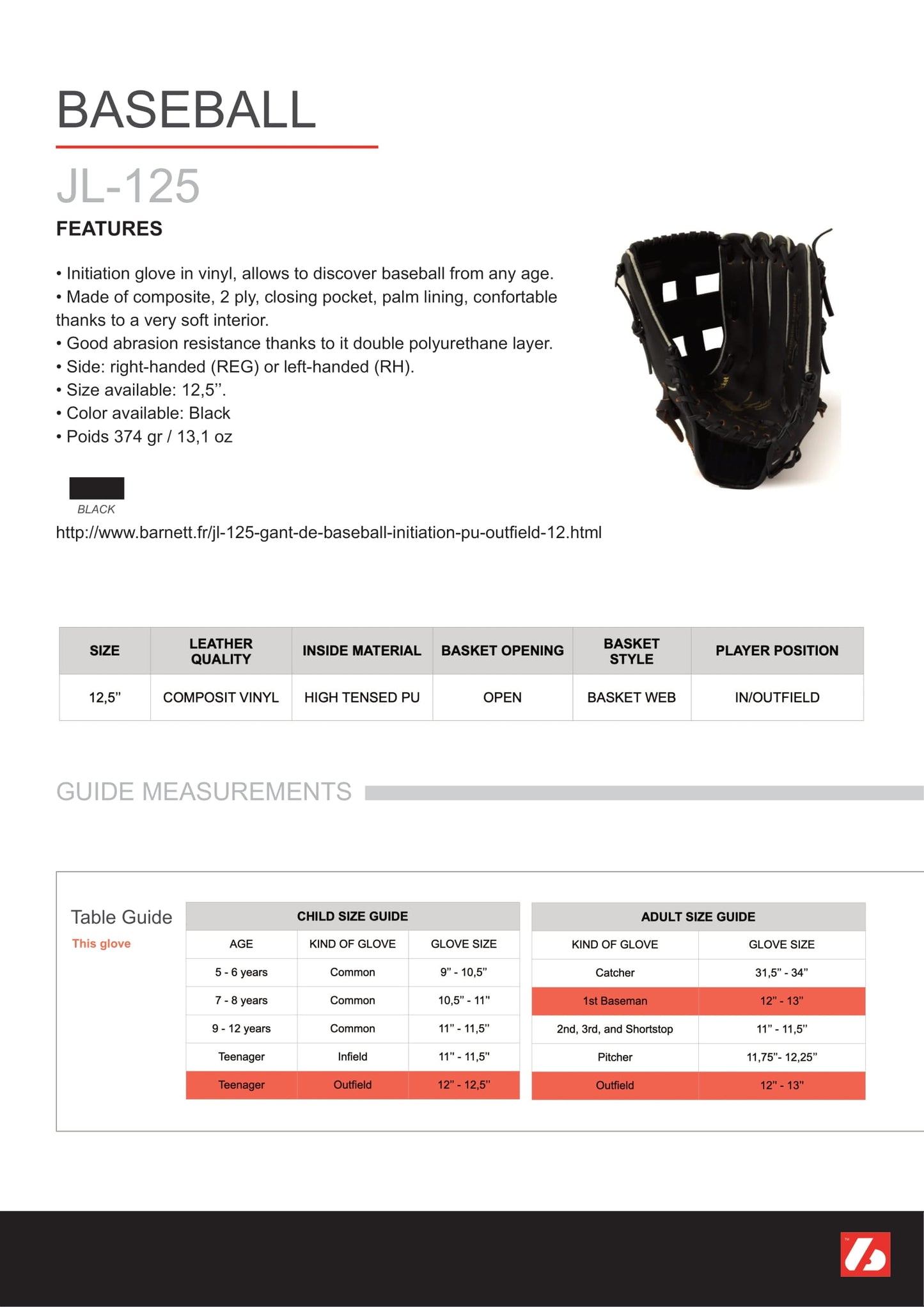 JL-125 Gant de baseball en vinyle, Outfield, taille 12,5, Noir