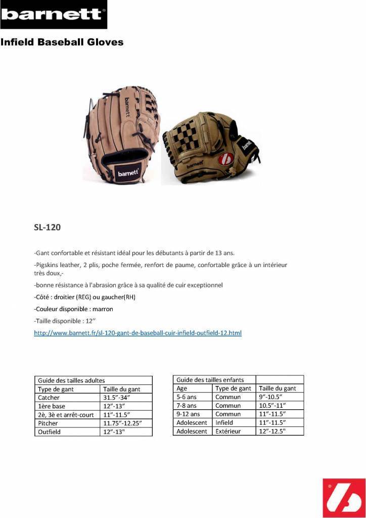 SL-120 Baseball gloves in leather infield/outfield, size 12, brown